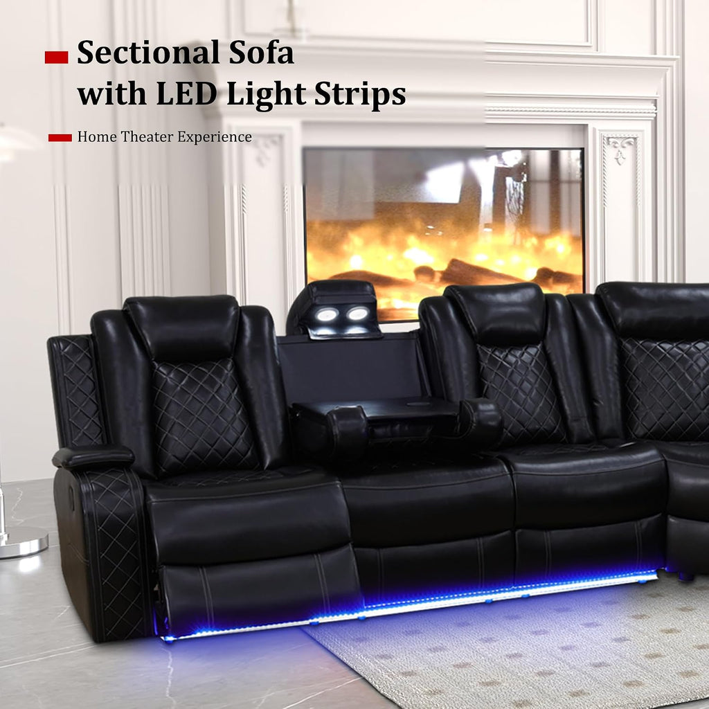 Power Recliner Sectional Couch for Living Room, Breathing Leather Reclining Sectional Sofa, 6 Seat L Shaped Reclining Couch with LED Lighting/Cup Holders/Strorage/USB Port (Black)