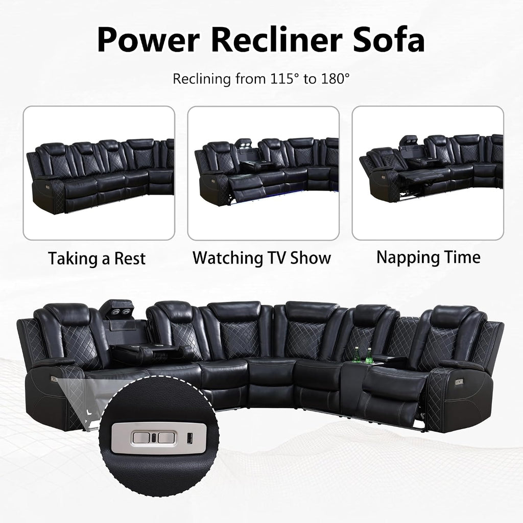 Power Recliner Sectional Couch for Living Room, Breathing Leather Reclining Sectional Sofa, 6 Seat L Shaped Reclining Couch with LED Lighting/Cup Holders/Strorage/USB Port (Black)