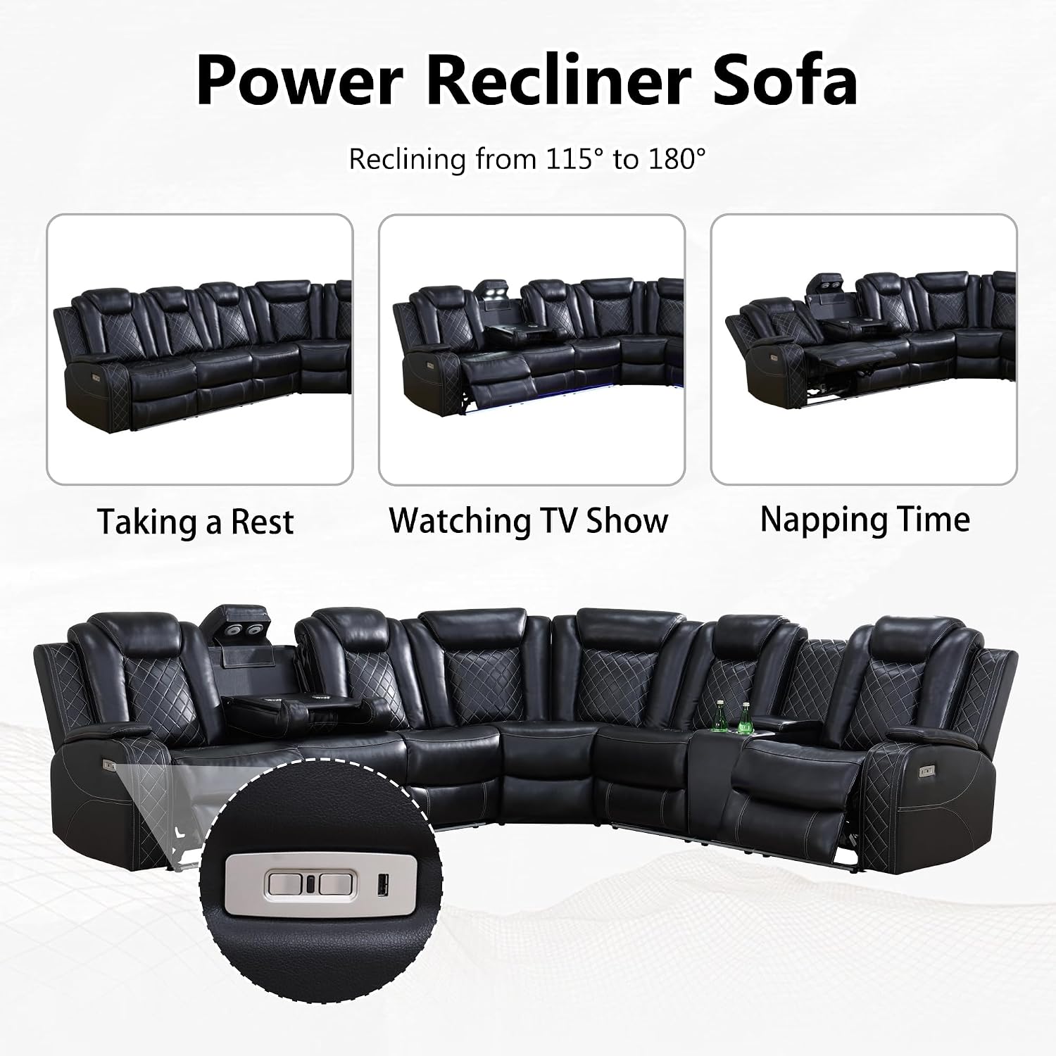 Power Recliner Sectional Couch for Living Room, Breathing Leather Reclining Sectional Sofa, 6 Seat L Shaped Reclining Couch with LED Lighting/Cup Holders/Strorage/USB Port (Black)