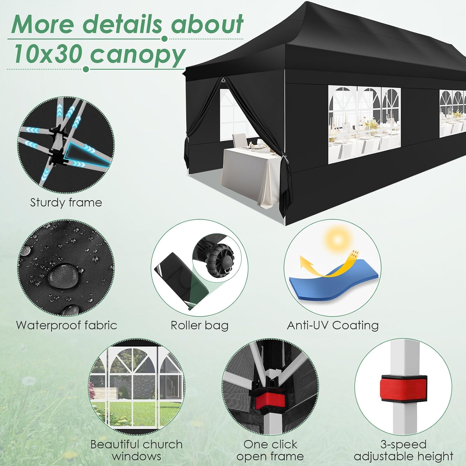 COBIZI Canopy Tent 10x30 Pop Up Canopy with 8 Removable Sidewalls Party Tents for Parties Wedding Patio Commercial Waterproof and UV50+ Ez Outdoor Instant Gazebo with Roller Bag & 4 Sandbags（Black）