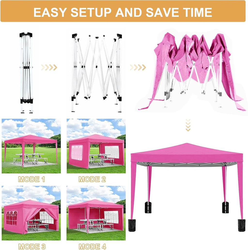 10x10 Pink Pop Up Canopy Tent with 4 Removable Sidewalls Commercial Heavy Duty Canopy All Weather Waterproof Outdoor Canopy Wedding Tents for Parties Gazebo with Carry Bag and Sandbags