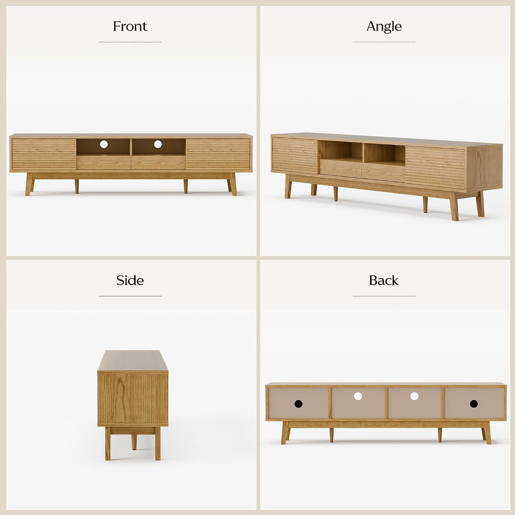 TOLEAD 70' Mid Century Modern TV Stand for TVs up to 75 Inch, Low Profile Entertainment Center with Fluted Sliding Doors & Storage Drawers, Wood TV Console Table for Living Room, Oak