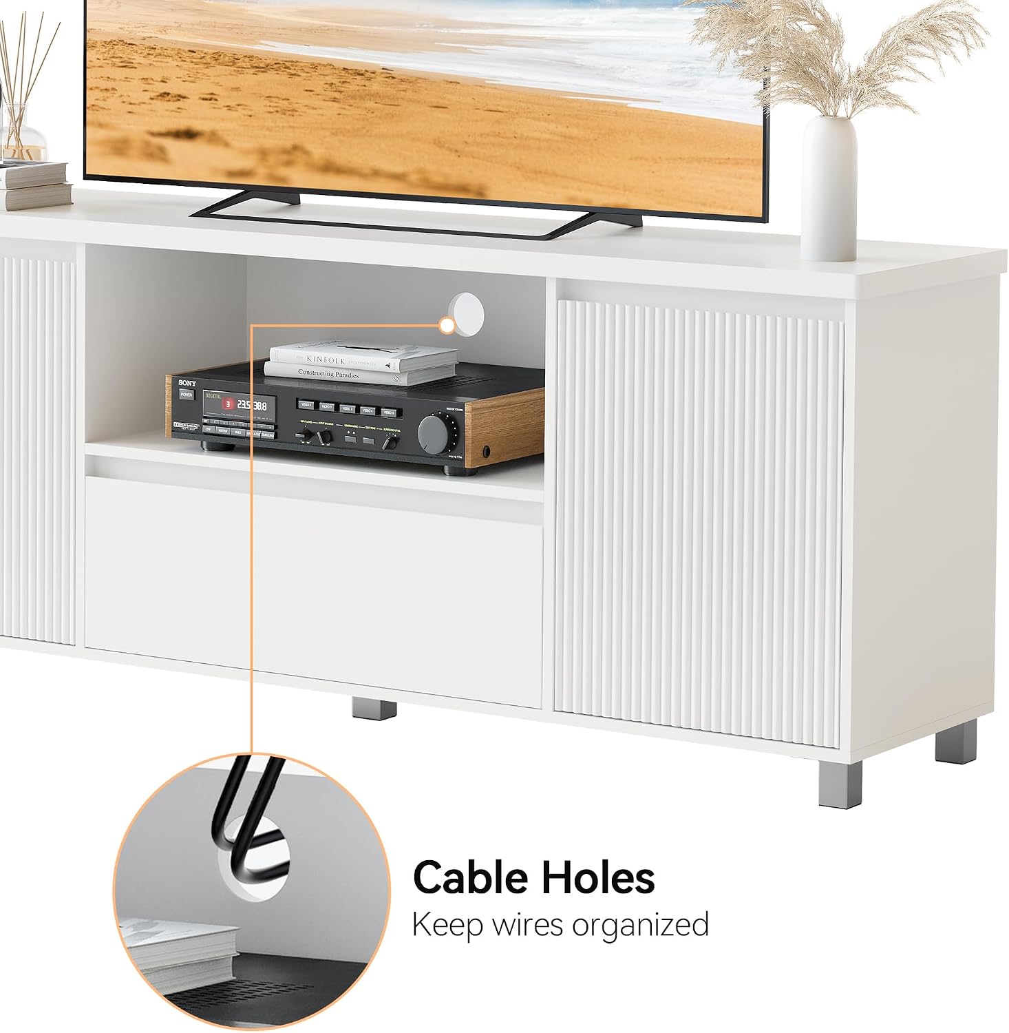 IDEALHOUSE 63in TV Stand for TVs Up to 70', Fluted Entertainment Center with Storage Drawer and Open Shelves, Modern TV Console Media Cabinet for Living Room, Bedroom