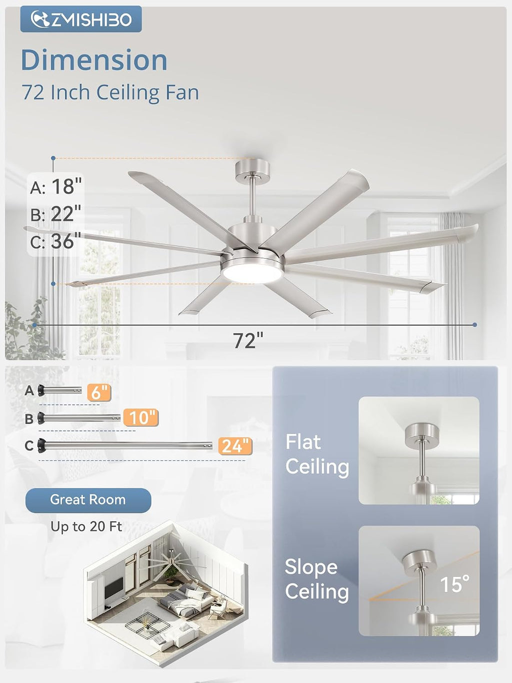 ZMISHIBO 72 Inch Ceiling Fans with Lights, Indoor/Outdoor Industrial Ceiling Fan with 8 Aluminum Reversible Blade, Quiet DC Motor, 3CCT&6-Speed Remote Control, Damp Rated for Living Room/Garage/Gazebo