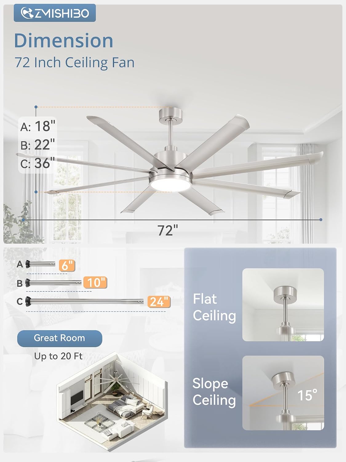 ZMISHIBO 72 Inch Ceiling Fans with Lights, Indoor/Outdoor Industrial Ceiling Fan with 8 Aluminum Reversible Blade, Quiet DC Motor, 3CCT&6-Speed Remote Control, Damp Rated for Living Room/Garage/Gazebo