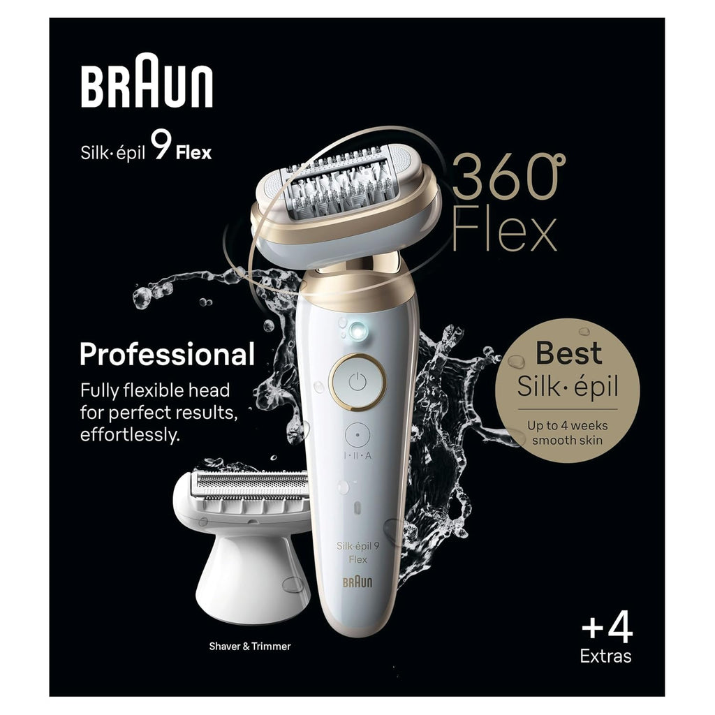 Braun Silk-épil 9 Flex Epilator, 360 Flex and Pivoting Head, Wet and Dry, Includes Shaver Head, Trimmer Comb, SES9-041 3D, Tinted Gold