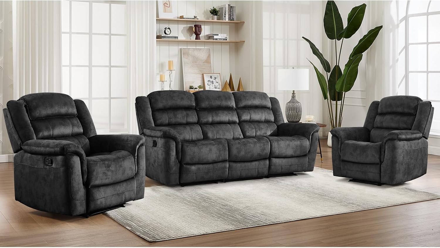 EBELLO 3 Pieces Reclining Living Room Set, Soft Fabric Manual Recliner Sofa Furniture Set, Includes 2 Overstuffed Recliner Chairs and one 3 Seat Sofa, Grey