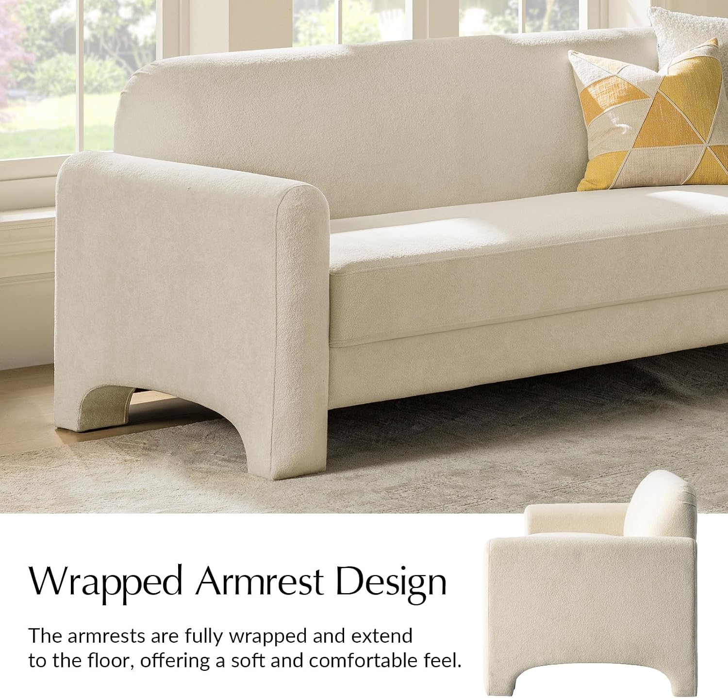 HULALA HOME 84' Modern Curved Sofa, Comfy Chenille Couch with Wrapped Armrests, 3 Seater Sofa for Living Room, Easy to Assemble, Ivory