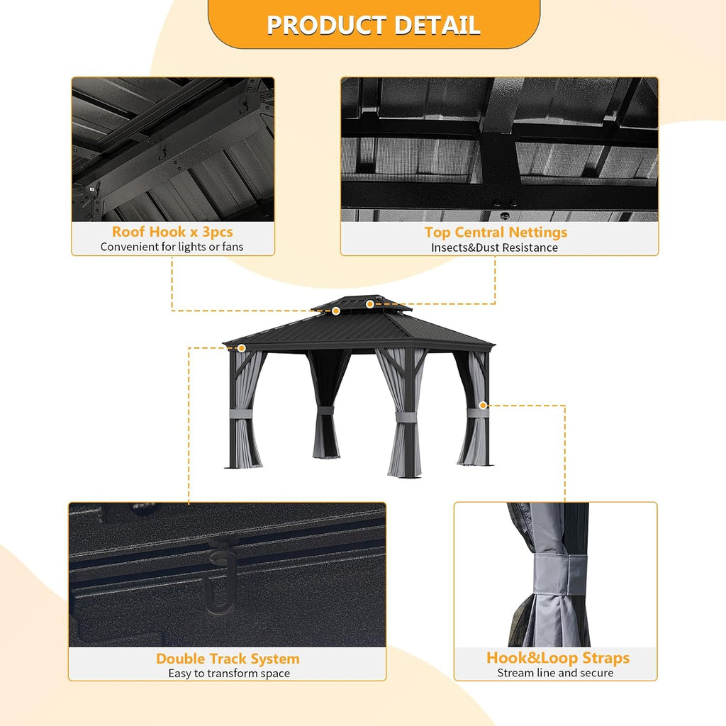 10' x 12' Permanent, Galvanized Steel Double Top, Hardtop Aluminum Frame Gazebo, Outdoor Metal Gazebo with Curtains and Netting, for Decks, Lawns, Parties, Parties