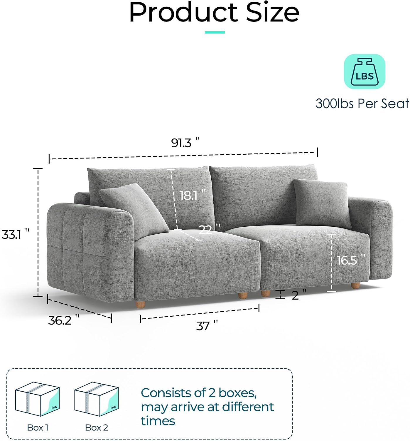 LINSY HOME Cloud Couch Sectional, Modular Sofa Sectionals for Living Room Bedroom, 91' 2 Seater Love Seat Couch, Deep Seat Cozy Couch Luxury Chenille Sofas, Grey