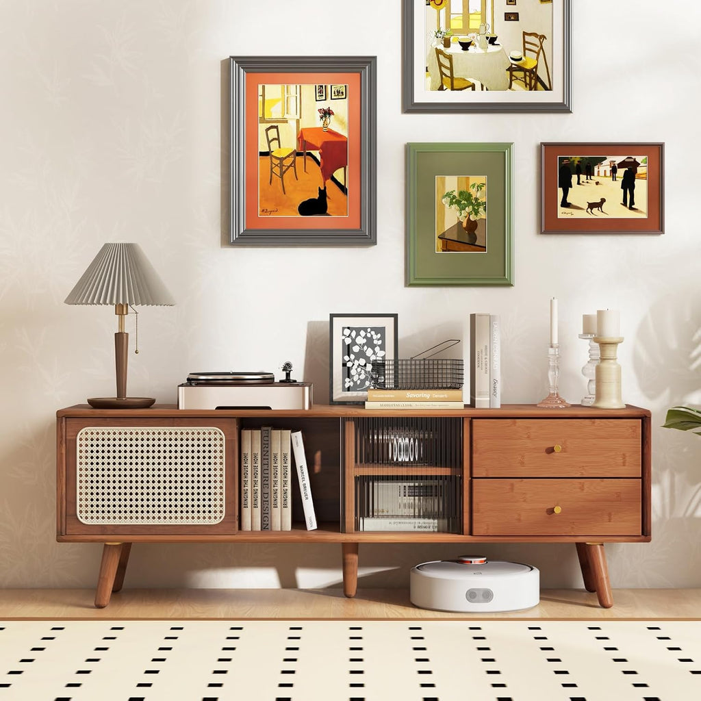 Tangkula Mid Century Modern TV Stand for TVs up to 65', Bamboo Entertainment Center w/Glass & PE Rattan Sliding Doors, 2 Drawers, Adjustable Shelf, Wood Legs, Media Console (Bamboo 2-Walnut)