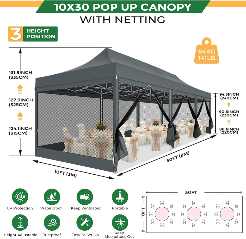 COBIZI 10x30 Heavy Duty Pop Up Canopy Tent with 8 Sidewalls, Easy Set Up Outdoor Waterproof Screen Commercial Party Tent with Mosquito Netting for Parties Backyard Patio, Roller Bag, Gray