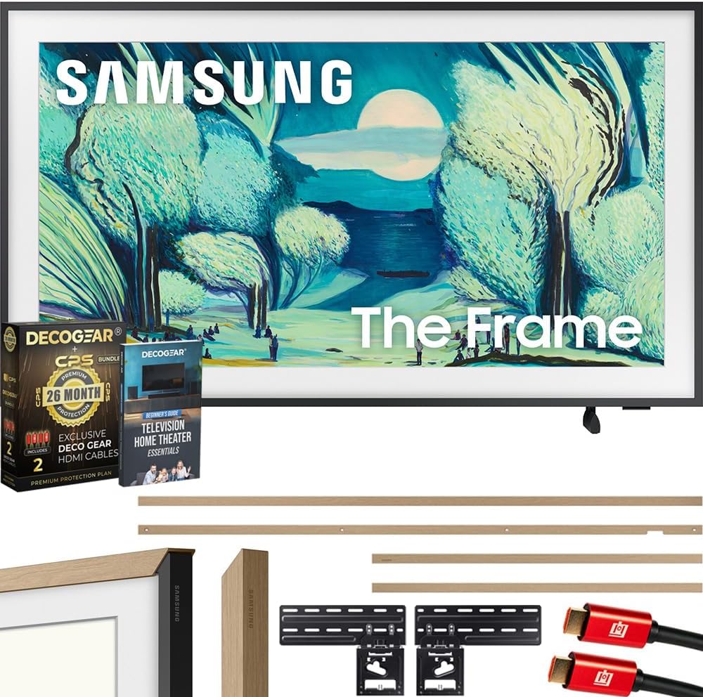Samsung QN50LS03FA 50' The Frame QLED 4K AI TV (2025) Bundle with Modern Teak Bezel, CPS 26 Month Protection, Slim Flat Mount, 2X HDMI Cables & Deco Gear Complete Home Theater Beginner's Guidebook