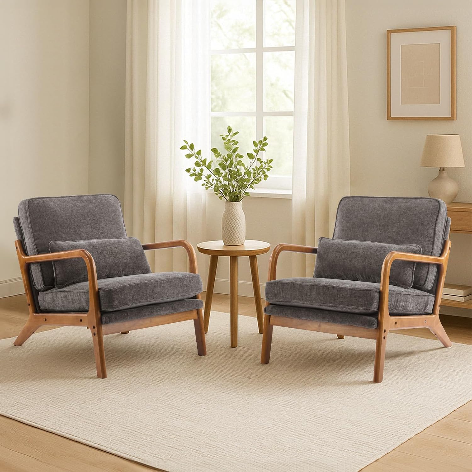 Karl home Mid Century Modern Accent Chair with Lumbar Pillow & Oak Arms – Plush Chenille Living Room Chair for Bedroom, Lounge (Gray)