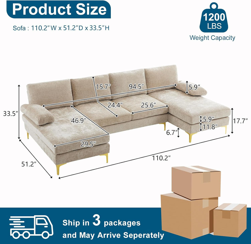 VINGLI 110' Large U-Shape Sectional Sofa Couch with 51' D Double Chaise for Living Room, Modern Sectional Couch Set with Soft 5.9' Thickness Seating Padding, Chenille Fabric,Metal Gold Legs(Khaki)