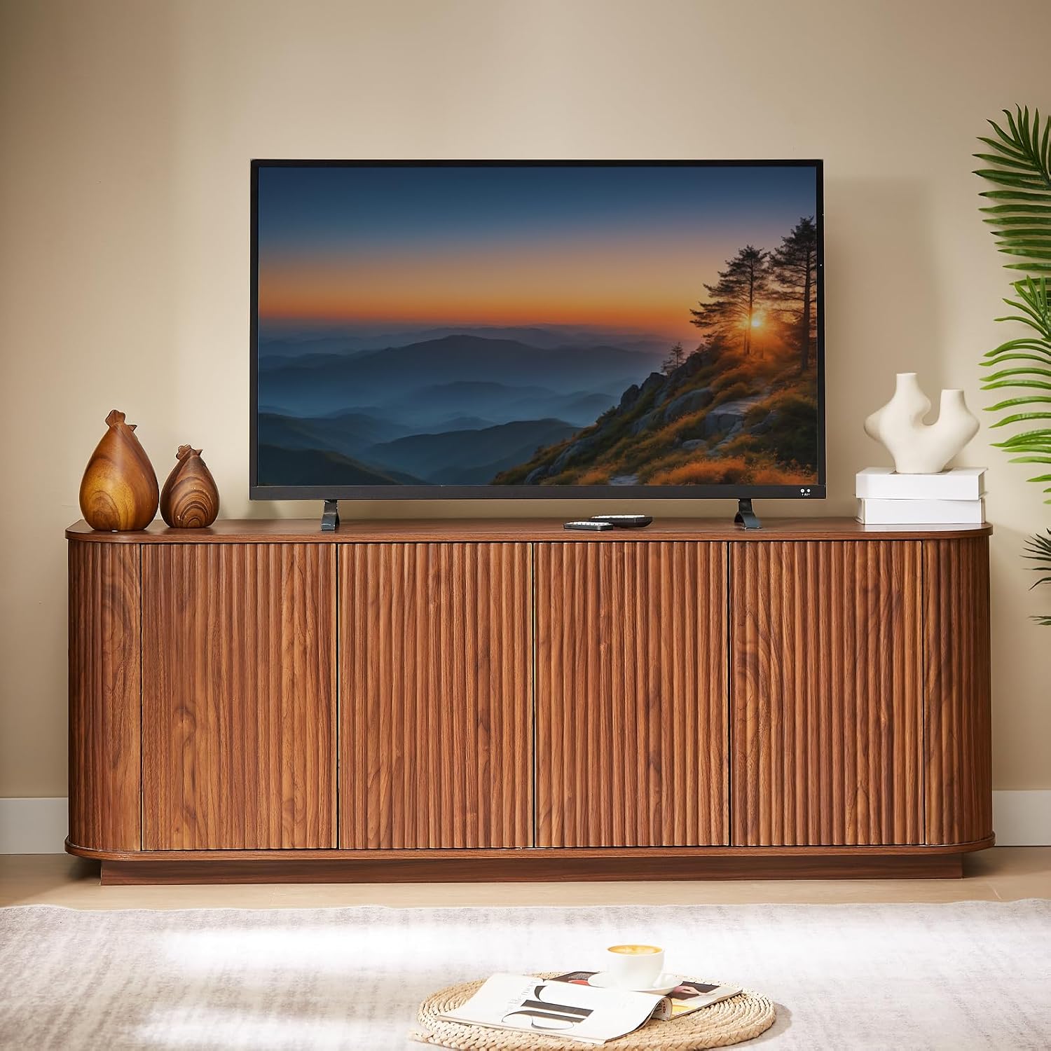 Fluted TV Stand for TVs Up to 75 Inch, Walnut Mid Century Modern TV Console for Living Room, Entertainment Center with Storage, Wood Media Console Cabinet