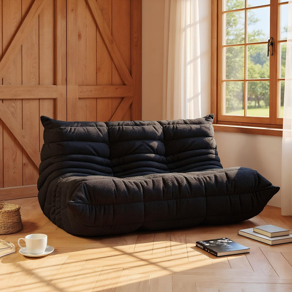 Giant Loveseat Boneless Bean Bag Chair for Adults - Teddy Fleece Fireside Accent Chair with Memory Foam, Comfy Lazy Floor Sofa Couch Chaise Lounge for Living Room Bedroom Theater, 2 Seater, Black
