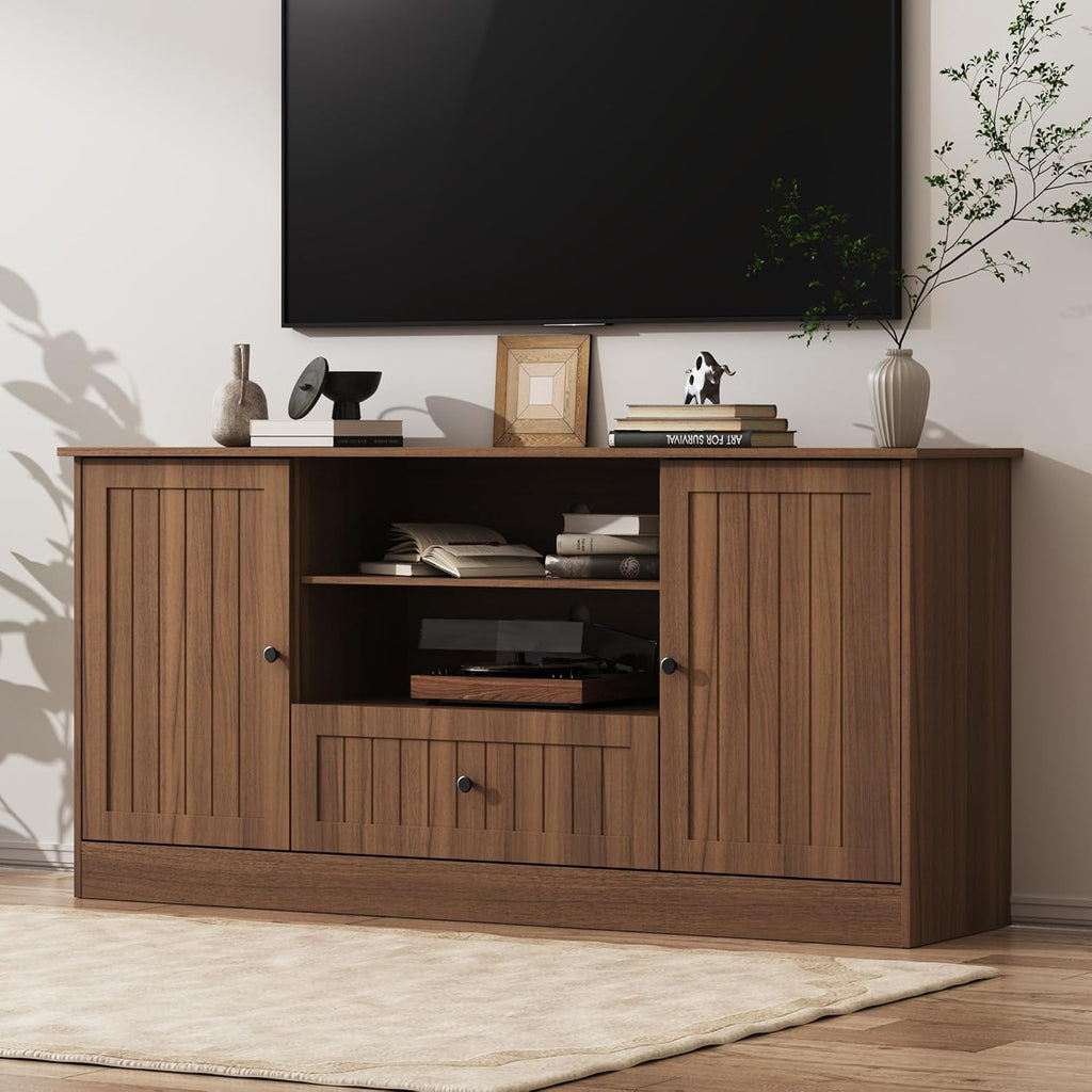 Furnify 63 in Farmhouse TV Stand for TVs up to 70 Inch, Modern Entertainment Center with Storage Drawer and Open Shelves, Shaker Door TV Console Media Cabinet for Living Room, Bedroom, Walnut