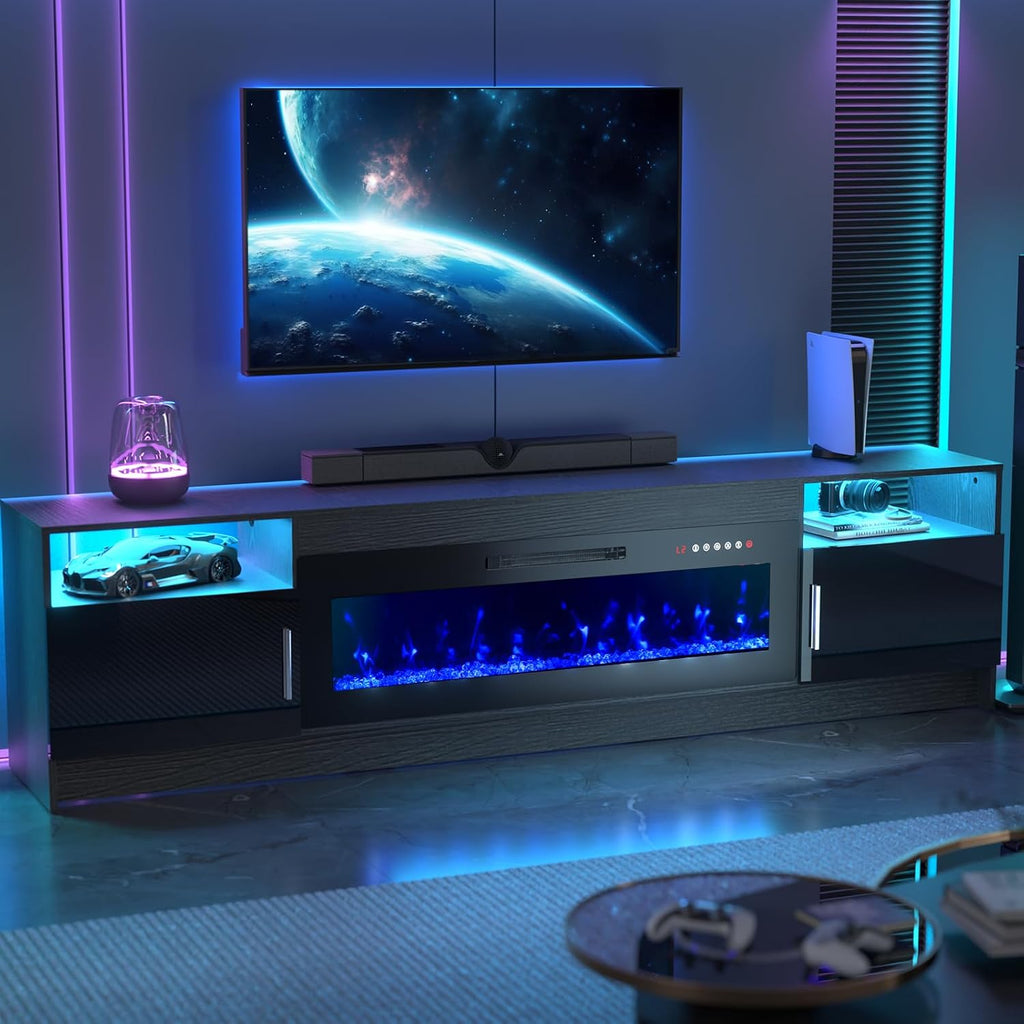 Kucreiheat Fireplace TV Stand for 70-90 inch TV, Large Entertainment Center with Fireplace & LED Lights,High Gloss Living Room Storage Cabinet, Black, 80''(Crystal)