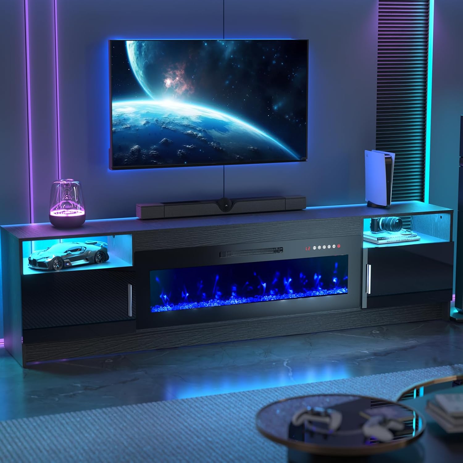 Kucreiheat Fireplace TV Stand for 70-90 inch TV, Large Entertainment Center with Fireplace & LED Lights,High Gloss Living Room Storage Cabinet, Black, 80''(Crystal)