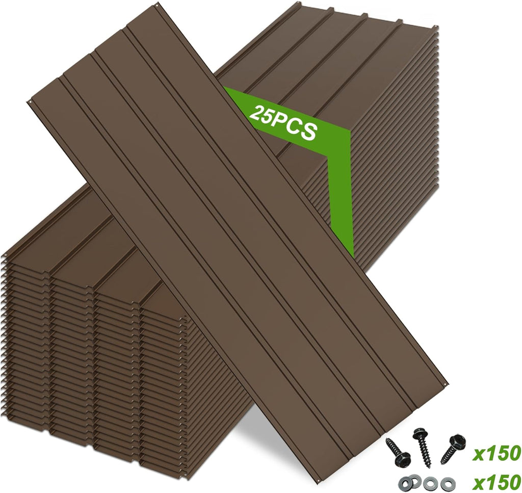 20PCS Metal Roofing Panels, Corrugated Galvanized Roof Panels, Waterproof Metal Siding Panels with 120 Pcs Steel Screws for Pergola, Gazebo, Shed, Garages, Stables and Mobile Homes -Brown