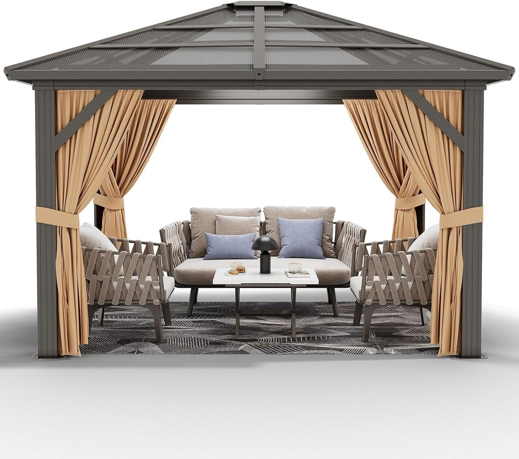 IDEALHOUSE 10' x 12' Hardtop Gazebo,Outdoor Canopy with Aluminum Frame,Polycarbonate Garden Tent with Mosquito Netting and Privacy Screen,Permanent Pavilion for Patio,Backyard,Lawn,Deck