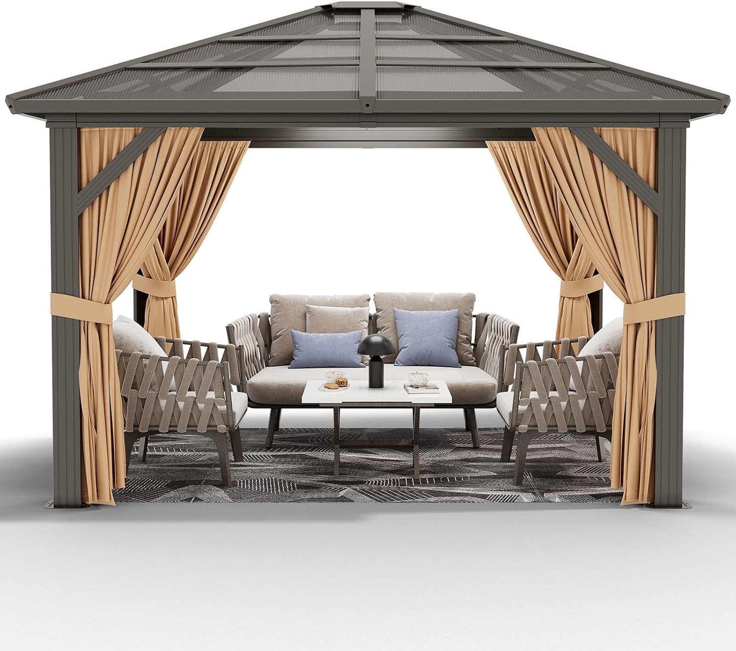 IDEALHOUSE 10' x 12' Hardtop Gazebo,Outdoor Canopy with Aluminum Frame,Polycarbonate Garden Tent with Mosquito Netting and Privacy Screen,Permanent Pavilion for Patio,Backyard,Lawn,Deck