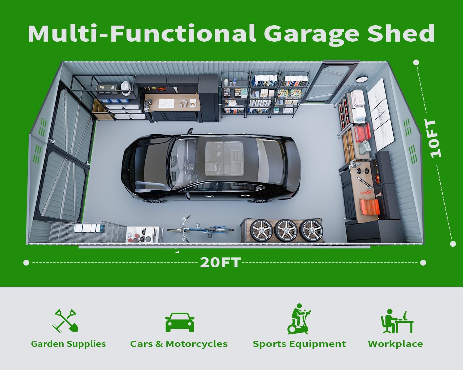 20 x 10 FT Outdoor Storage Shed, Large Metal Garden Shed with 2 Lockable Doors, Tool Shed Outdoor Storage with 4 Air Vents, Garage Shed Waterproof for Car, Truck, Bike, Garbage Can, Tool, Dark Gray