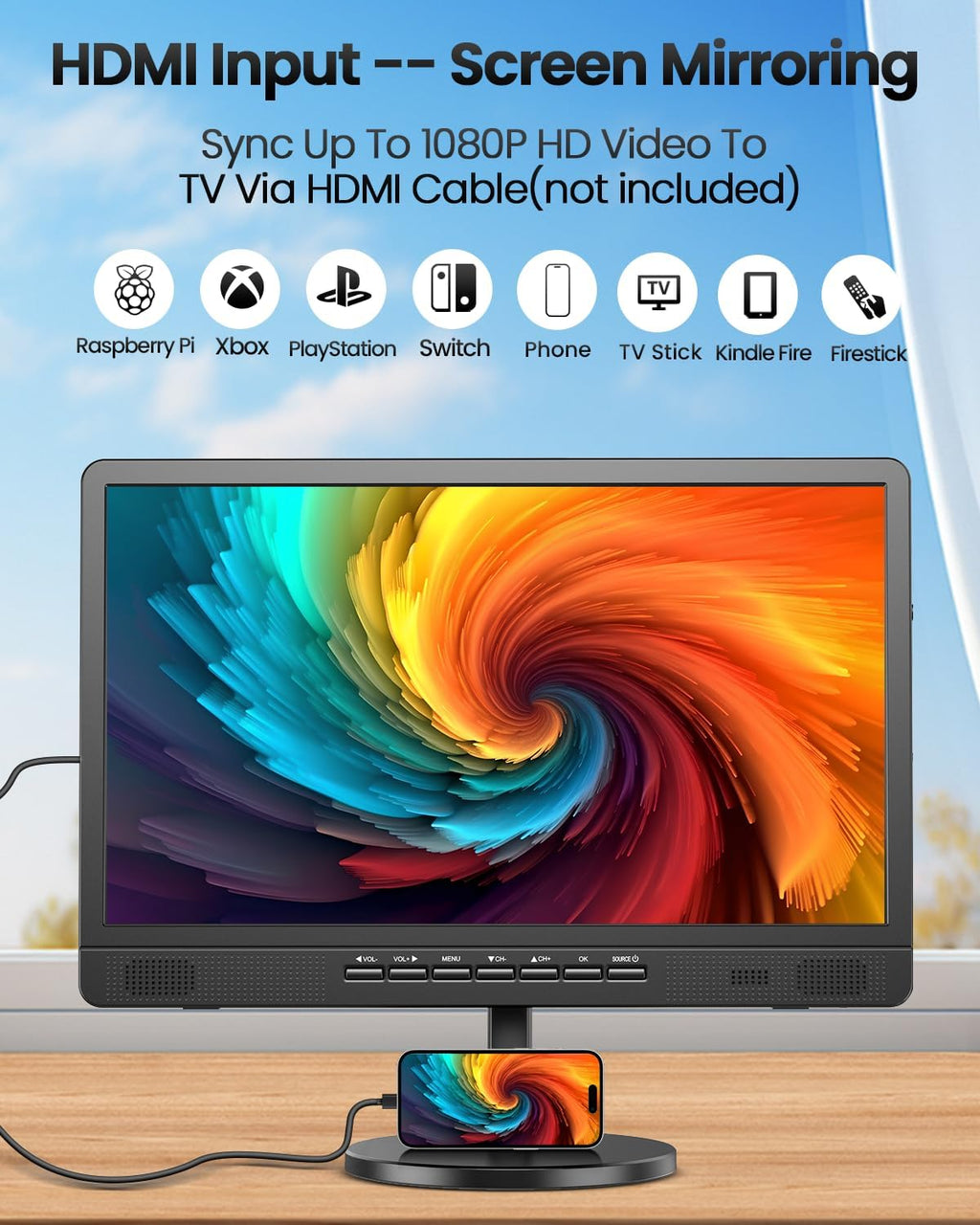 Desobry 18.5' Portable TV with Antenna, 6500mAh Rechargeable Portable Monitor with 1080P HDMI Input, AV Input, USB, Small TV for Travel, Camping, Kitchen, Bedroom, RV, Power Outage