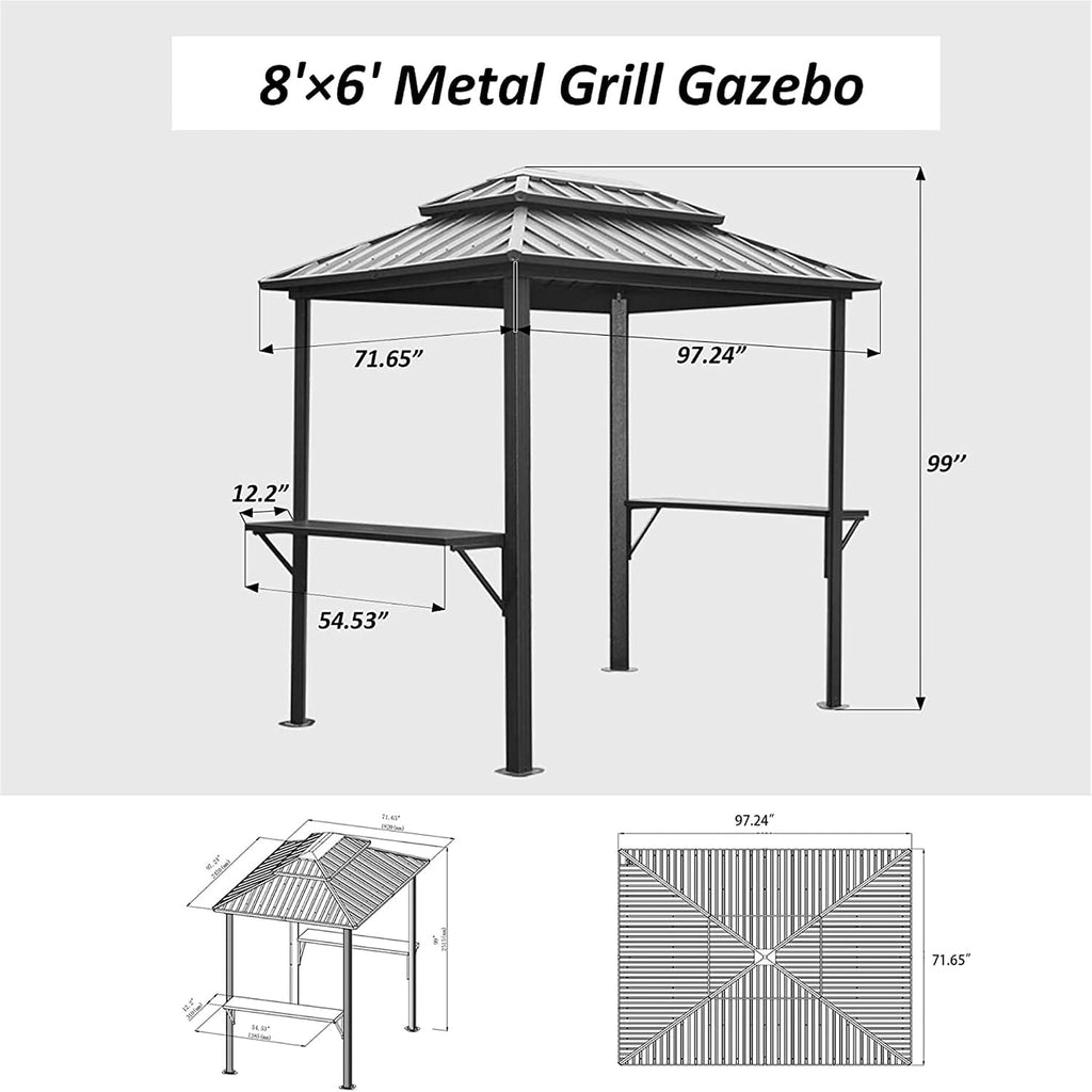 Grill Gazebo 8' × 6', Aluminum BBQ Gazebo Outdoor Metal Frame with Shelves Serving Tables, Permanent Double Roof Hard top Gazebos for Patio Lawn Deck Backyard and G(Grey)