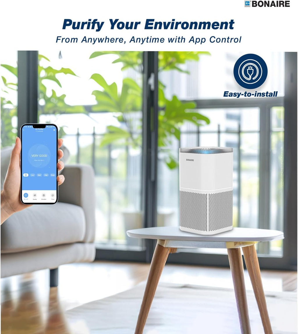 Bonaire Air Purifier for Home Allergies, Pets Hair In Bedroom upto 1380 ft², 3-in-1 HEPA13 Filter, Sleep, Auto Mode, PM2.5, WiFi, Remove Dust Smoke Hair Pollen Pollutants Odor, 27db Quiet, White, A4S