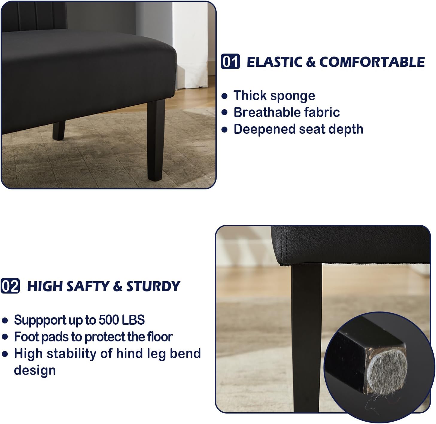 STHOUYN 43' W Mini Small Black Leather Couch Armless Loveseat Sofa for Bedroom with USB Port, Small Couches for SmallSpaces Living Room, Apartment Office Dorm (Black)
