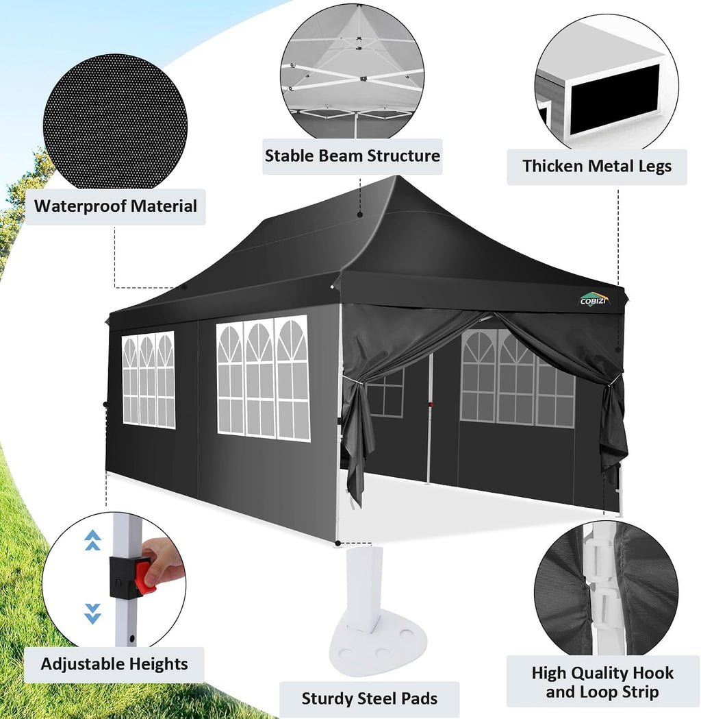 COBIZI 10x20 Pop Up Canopy with 6 Sidewalls, Conical Canopy Tents for Parties, Backyard, Commercial, Waterproof Event Tent Instant Shelter UV50+ Outdoor Gazebo with 4 Sandbags (Peak Drainage)