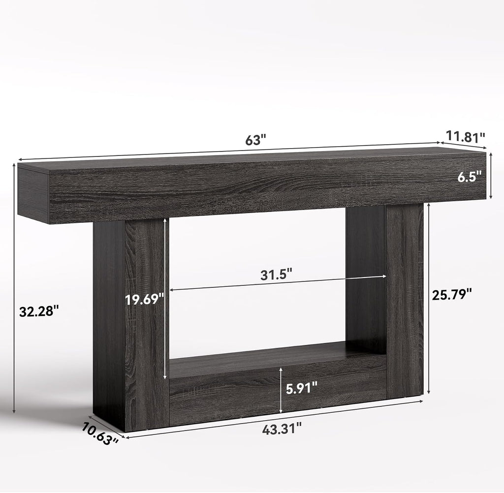 LITTLE TREE 63 Inches Long Console Table, 2-Tier Farmhouse Sofa Table Behind Couch, Large Narrow Entryway Table for Living Room, Wooden Hallway Foyer Table with Heavy Duty Base, Grey