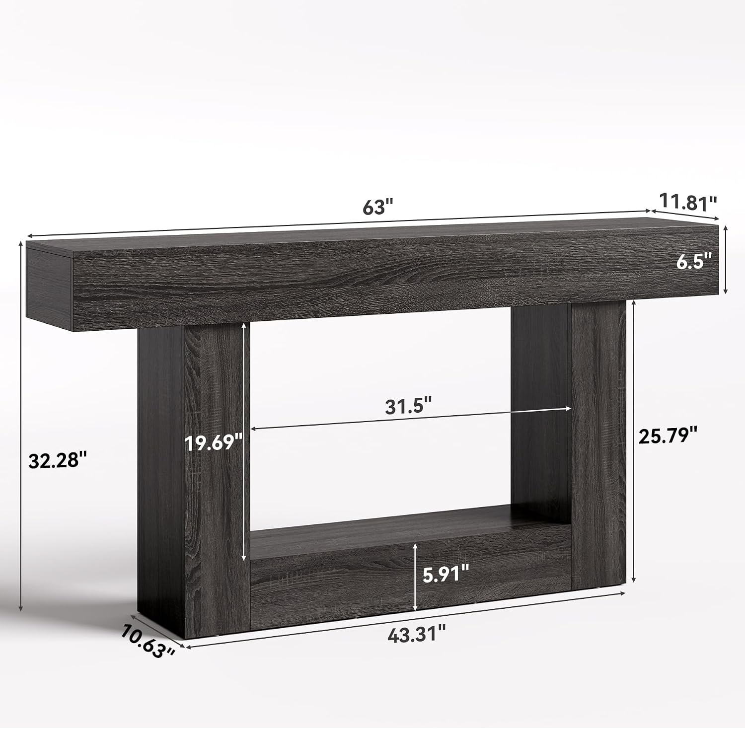LITTLE TREE 63 Inches Long Console Table, 2-Tier Farmhouse Sofa Table Behind Couch, Large Narrow Entryway Table for Living Room, Wooden Hallway Foyer Table with Heavy Duty Base, Grey