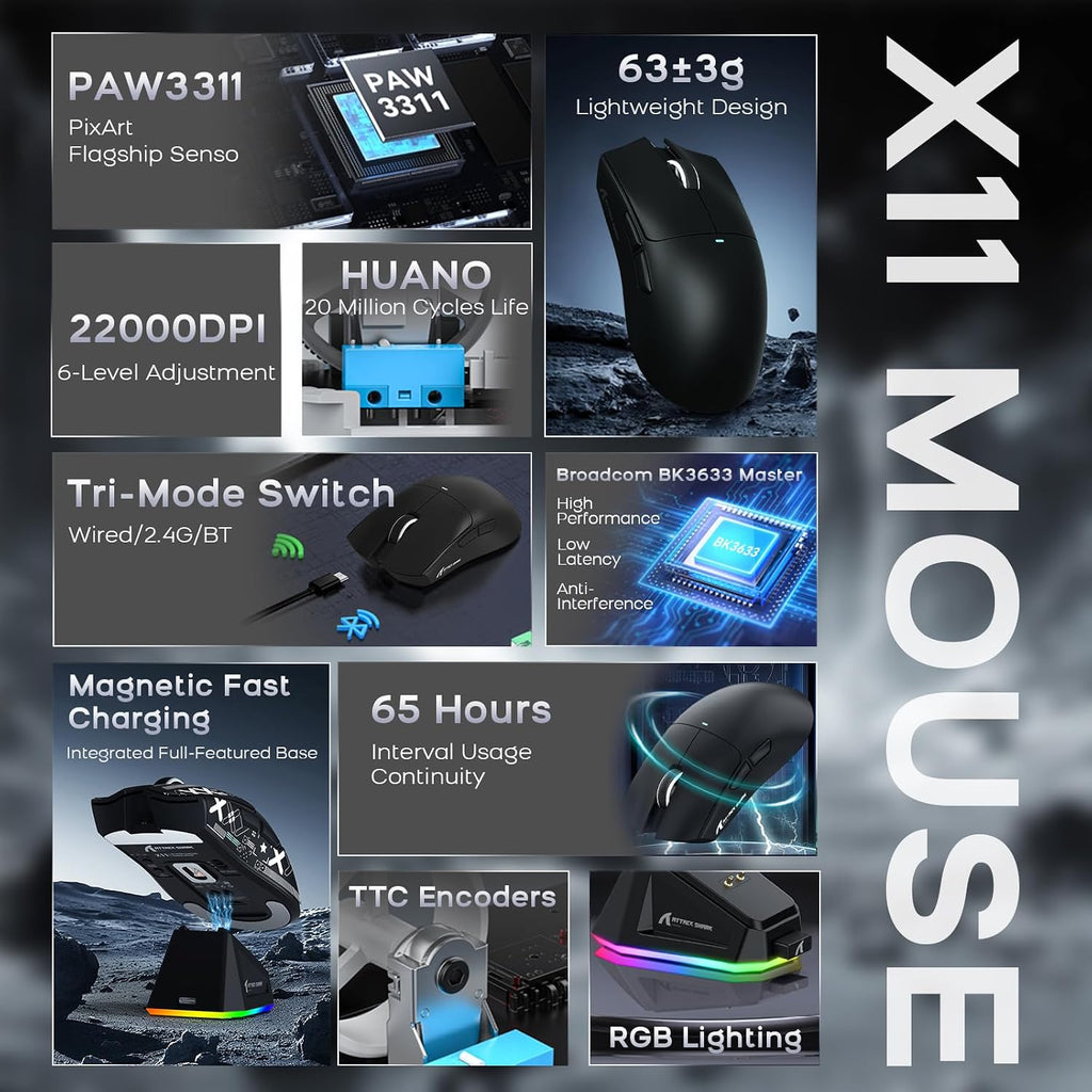ATTACK SHARK X11 Mouse and X60 HE Keyboard Wireless Gaming Combo,Magnetic Switch,8K Polling Rate,Hall Effect,Rapid Trigger,PAW3311 Optical Sensor,22K DPI,Lightweight-Black