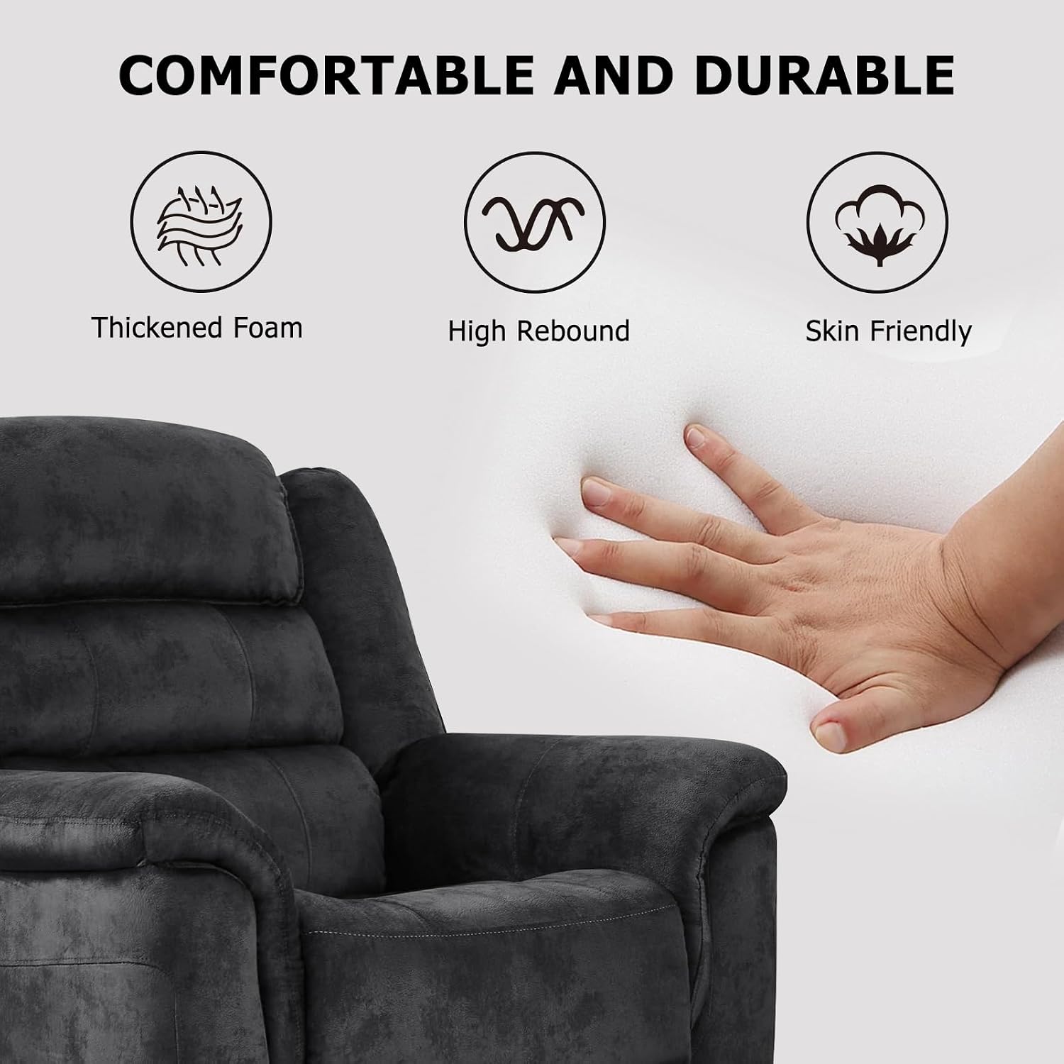 EBELLO 3 Pieces Reclining Living Room Set, Soft Fabric Manual Recliner Sofa Furniture Set, Includes 2 Overstuffed Recliner Chairs and one 3 Seat Sofa, Grey