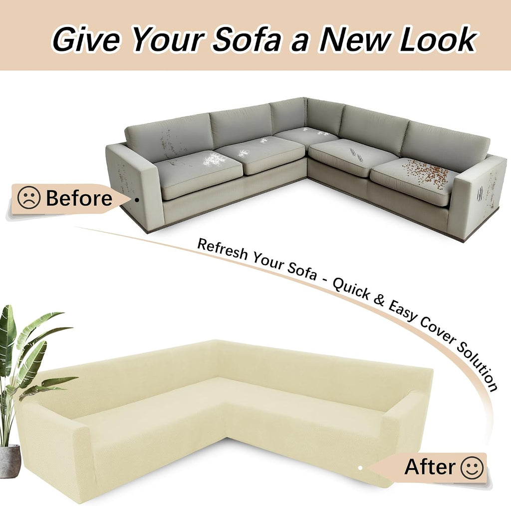 Arfntevss Stretch Sectional Couch Covers L Shaped Corner Sectional Sofa Cover Washable Jacquard Soft Fleece U Shape Sofa Slipcovers Anti Slip Furniture Protector for Dogs Pets (X-Large, Beige)