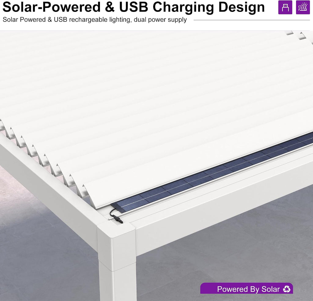 PURPLE LEAF Louvered Pergola 10x16 ft Solar LED Lights Heavy Duty Aluminum Outdoor Pergola with Hidden Drainage System for Patio Backyard Garden Deck, White