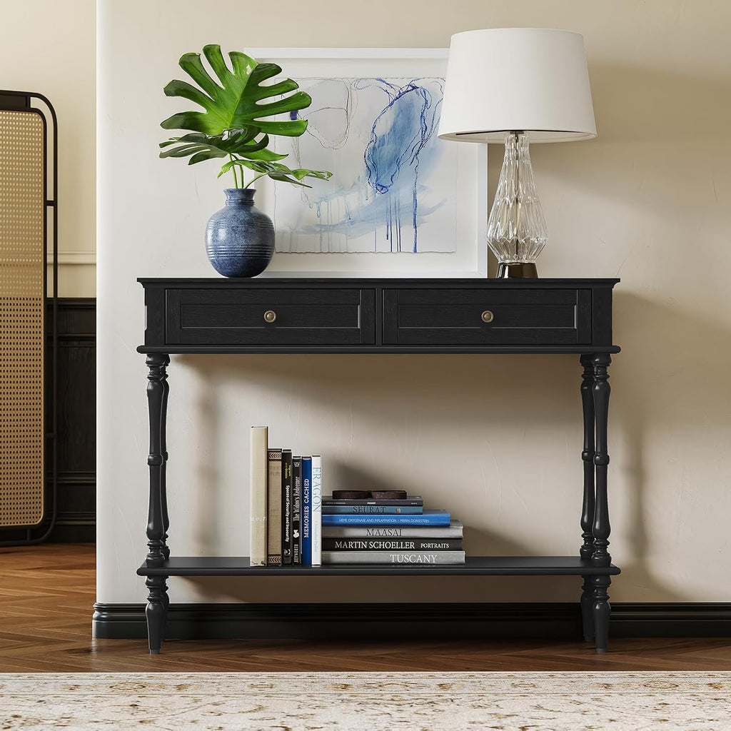ARTPOWER Console Table for Entryway with 2 Drawers-Minimal Assembly,Retro Entryway Tables with Storage Cabinets and Open Shelf,Narrow Long Couch Table Behind Sofa for Living Room,Foyer,Hallway,Black