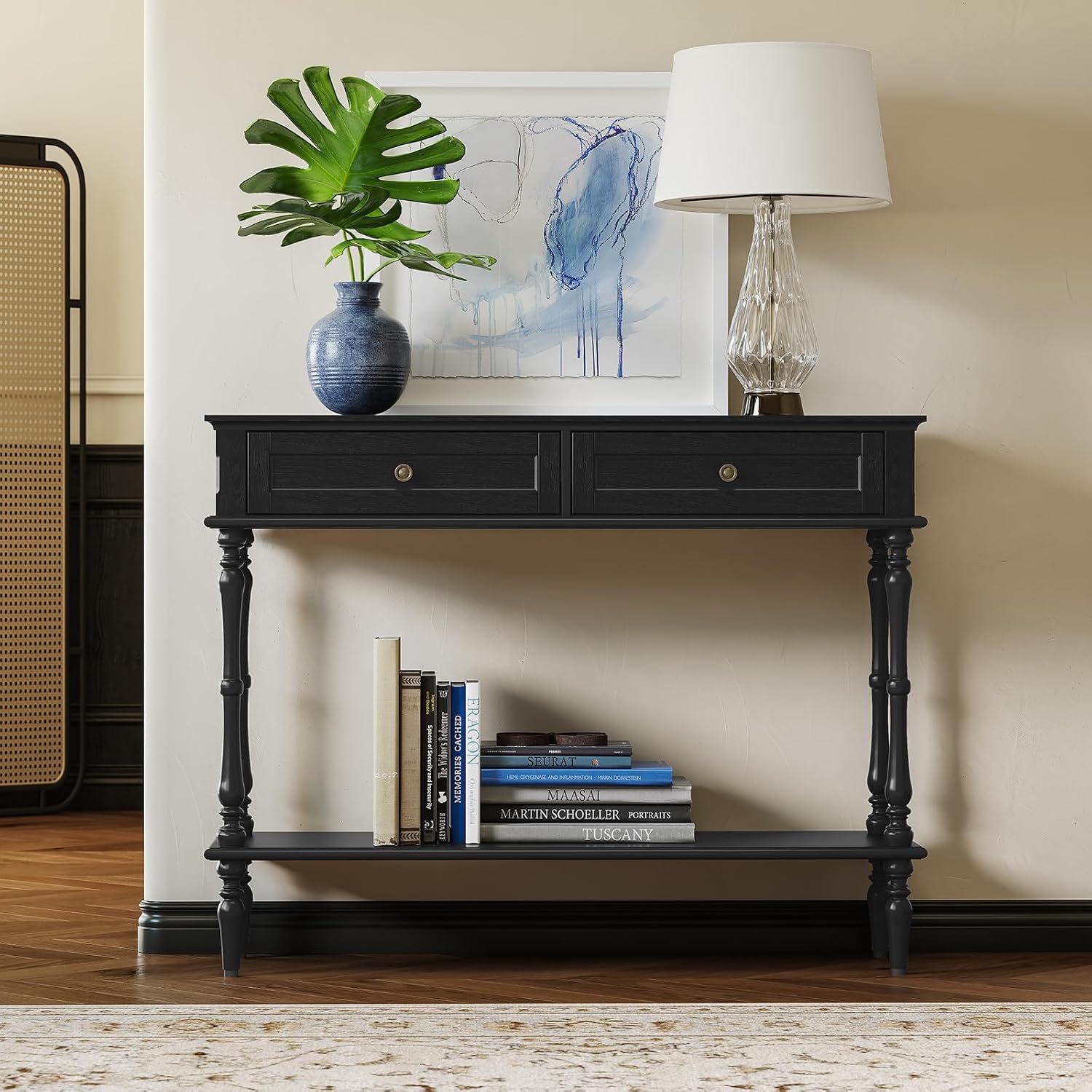 ARTPOWER Console Table for Entryway with 2 Drawers-Minimal Assembly,Retro Entryway Tables with Storage Cabinets and Open Shelf,Narrow Long Couch Table Behind Sofa for Living Room,Foyer,Hallway,Black