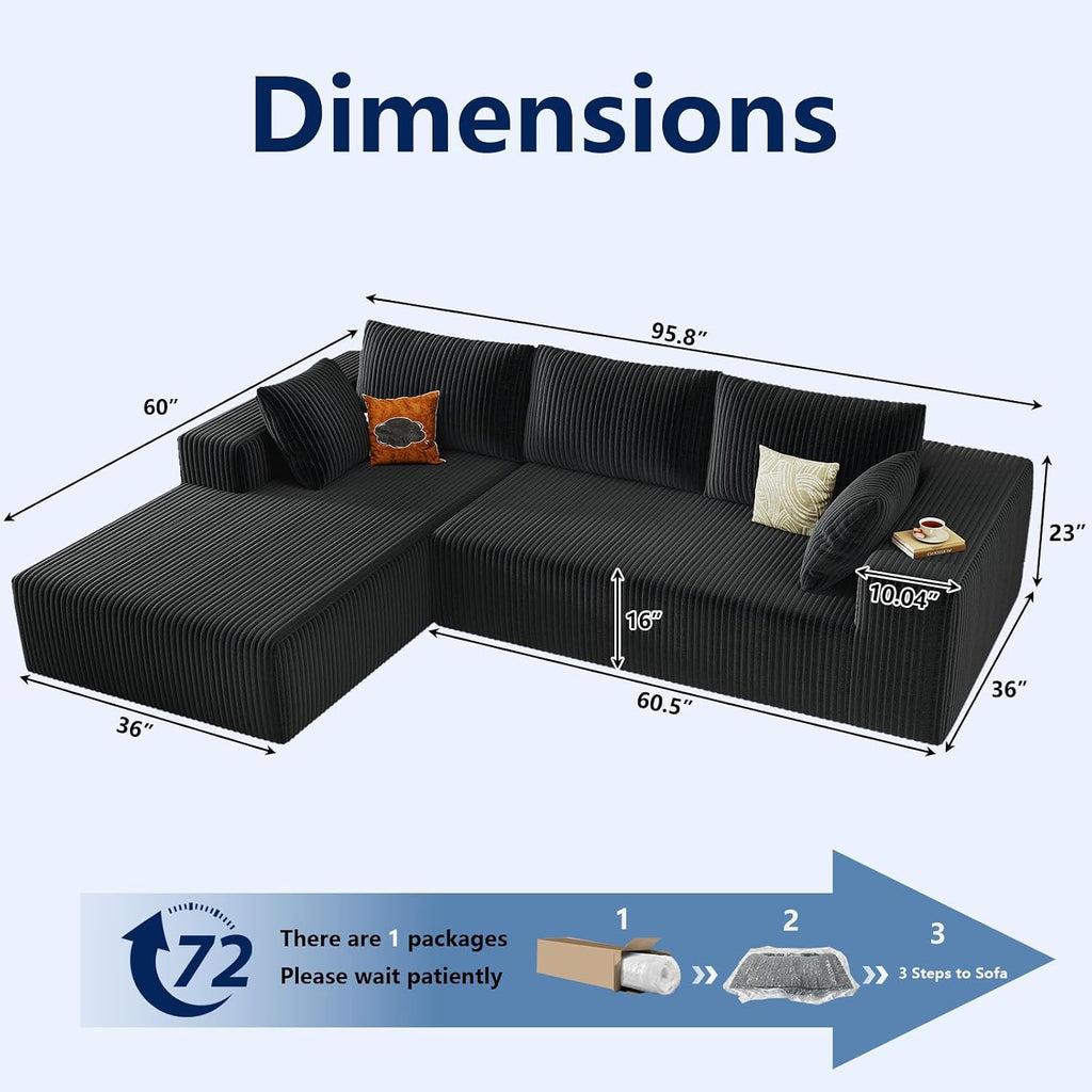 96' Modular Sectional Sofa, Modern Corduroy Cloud Couch with Deep Seat, Boneless Couch Upholstered 3-Seater L-Shaped Sofa for Living Room, No Assembly Required (Black, Left-Facing Chaise)