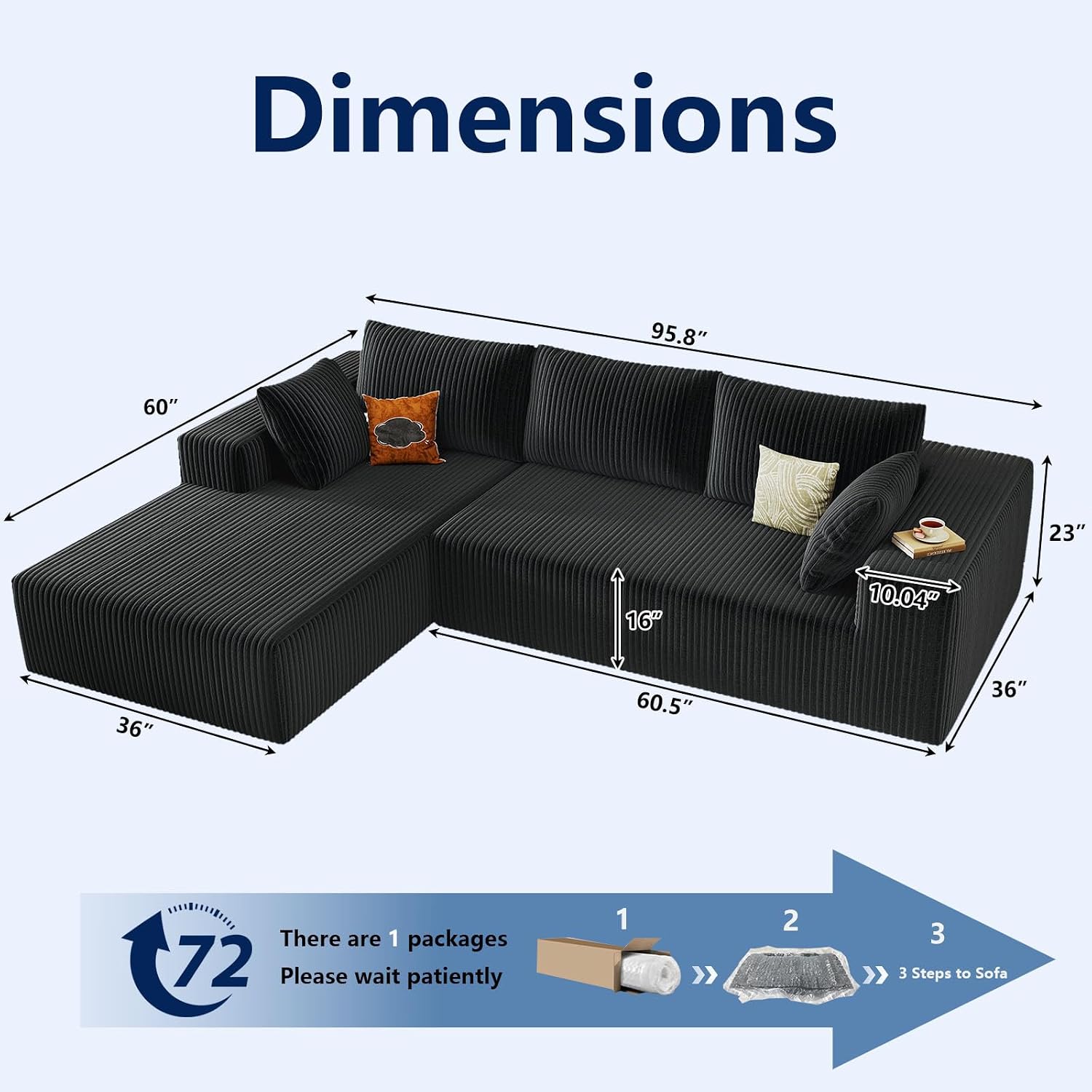 96' Modular Sectional Sofa, Modern Corduroy Cloud Couch with Deep Seat, Boneless Couch Upholstered 3-Seater L-Shaped Sofa for Living Room, No Assembly Required (Black, Left-Facing Chaise)