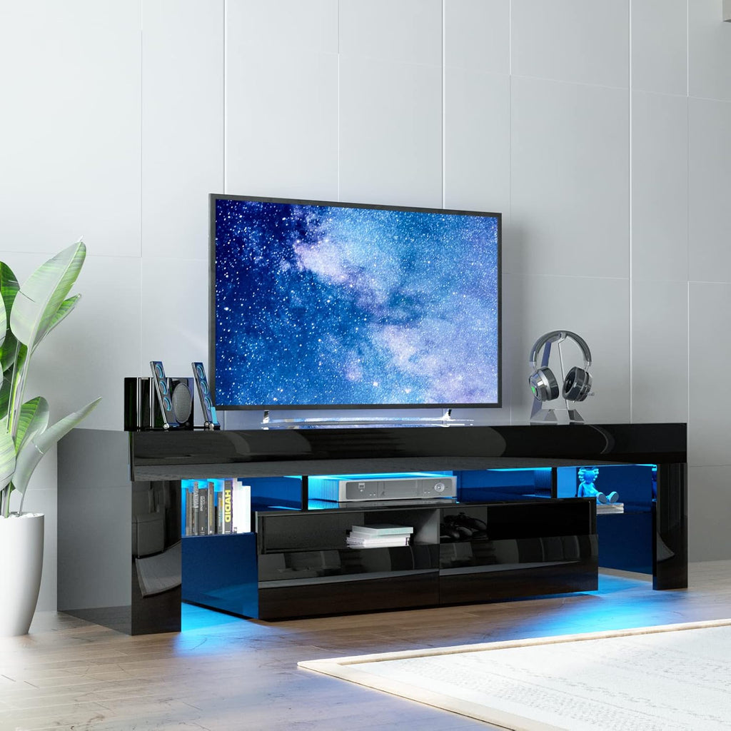 Squireewo TV Stand with 16 Color LED Lights, Media Console with Drawer and Glass Open Shelf for 60/65/70 inch TV, Modern Gloss Entertainment Center for Living Room, Black