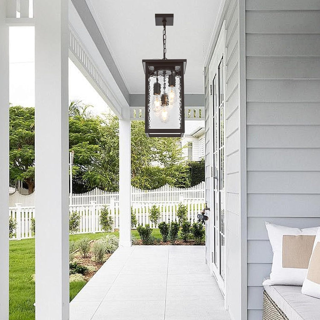 17'' Large Outdoor Indoor Pendant Light 3-Lights, Modern Oil Rubbed Bronze Exterior Hanging Porch Pendant Light with Hammer Glass, Outdoor Ceiling Lights for Front Entryway Gazebo Patio