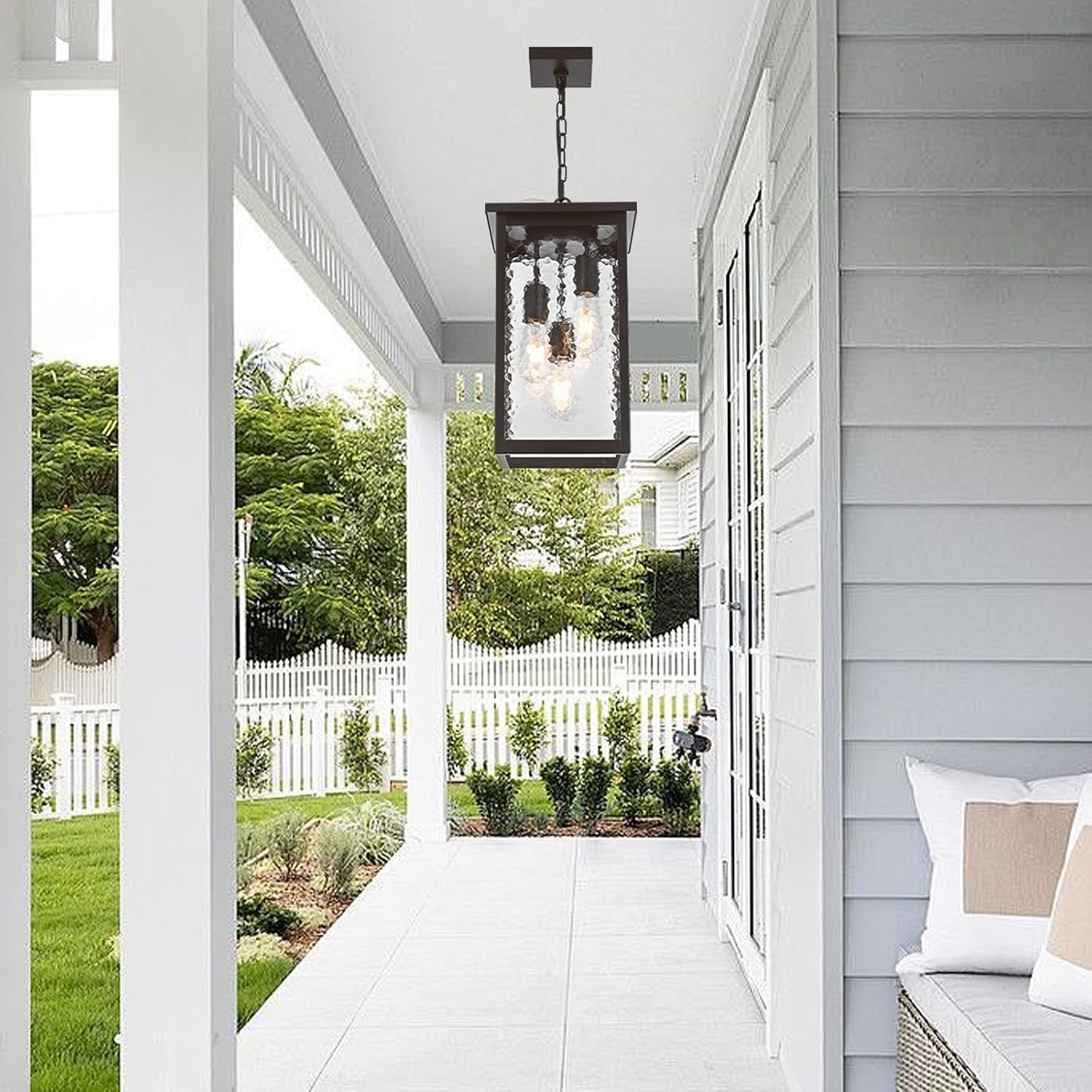 17'' Large Outdoor Indoor Pendant Light 3-Lights, Modern Oil Rubbed Bronze Exterior Hanging Porch Pendant Light with Hammer Glass, Outdoor Ceiling Lights for Front Entryway Gazebo Patio