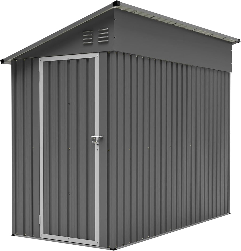 YOPTO 4×8 FT Lean to Metal Shed,Outdoor Heavy-Duty Storage Shed with Floor Base,All Weather Waterproof Garden Tool House W/Lockable Door&2 Air Vents,Reversible Door Design,for Backyard,Patio,Lawn,Gray