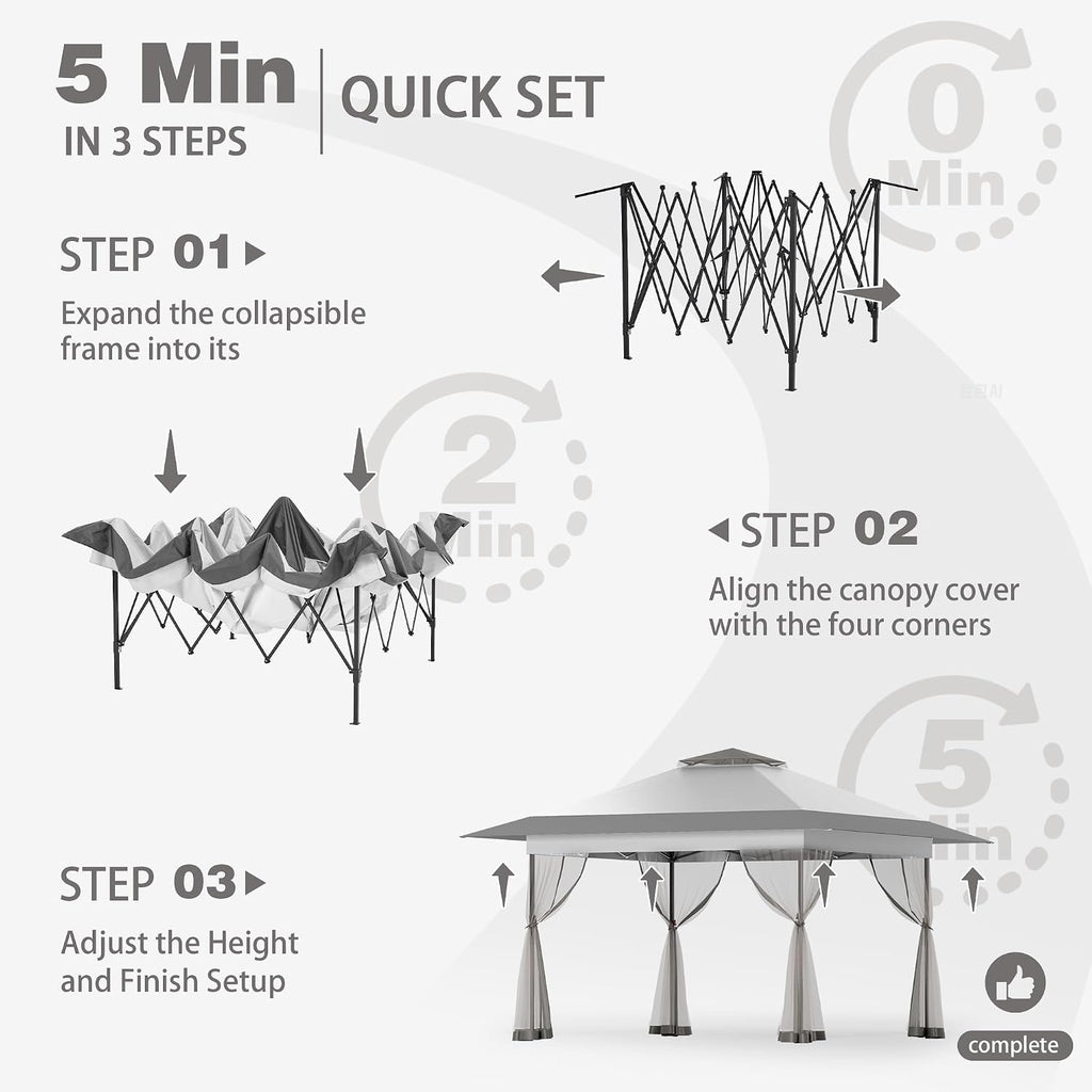 Bezseller 13x13 Pop Up Gazebo with Mosquito Netting – Easy 1-Person Setup, Water-Resistant Backyard Canopy for Family Patio & Garden Use,Light Grey