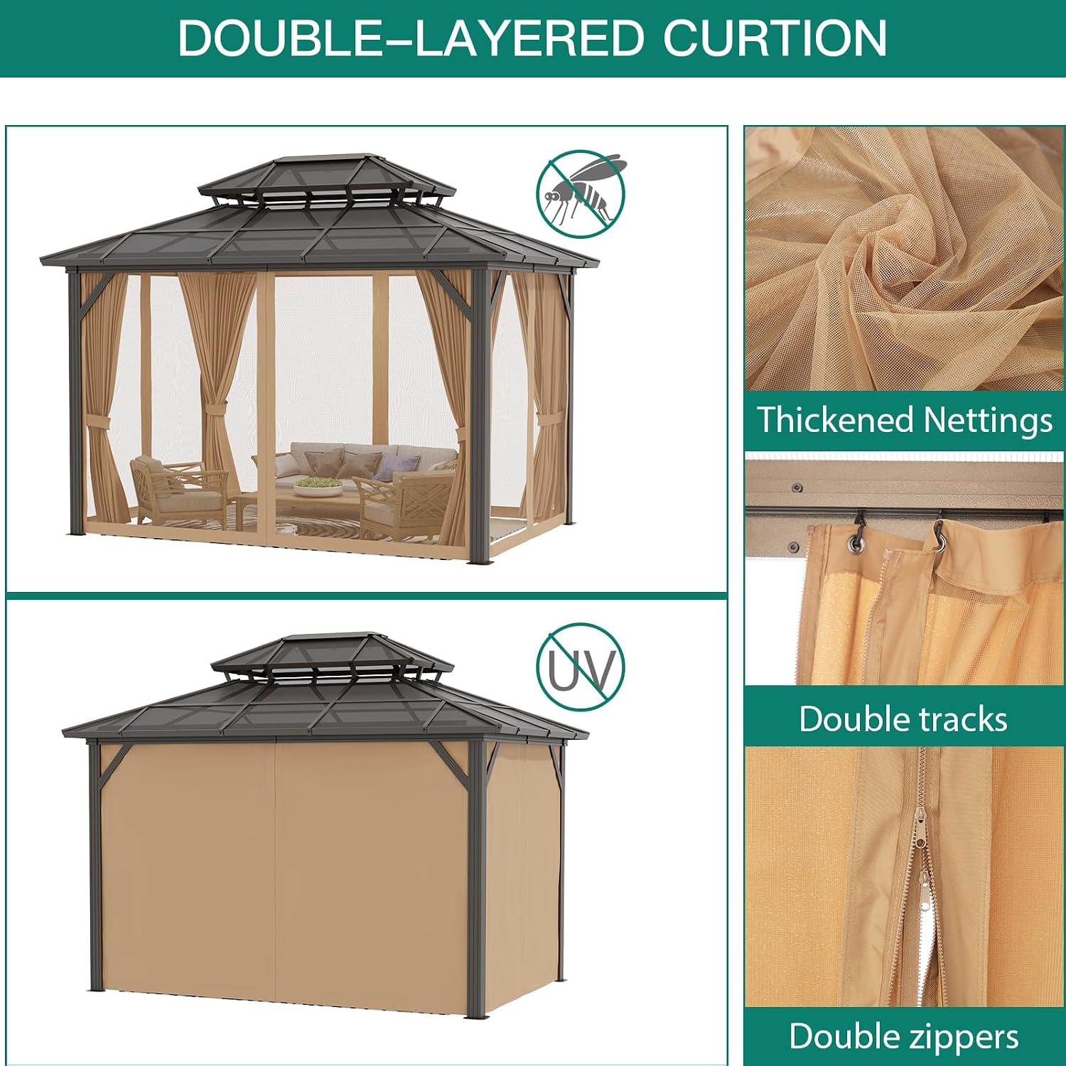 Hardtop Gazebo, 10'x13' Double-Layer Galvanized Steel Roof Gazebo, All-Season Aluminum Frame Pavilion with Privacy Curtains and Netting for Patio, Garden, Hot Tub & Backyard