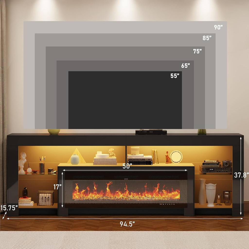 94.5' Extra Long Fireplace TV Stand with 50' Electric Insert, Modern High Gloss Entertainment Center for Up to 100' TVs, Media Console with Color-Changing LED Lights & Storage, Black